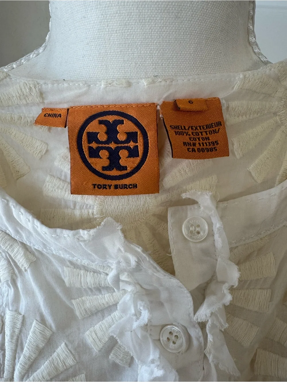 Tory Burch White Floral Ruffle-Front Sleeveless Blouse